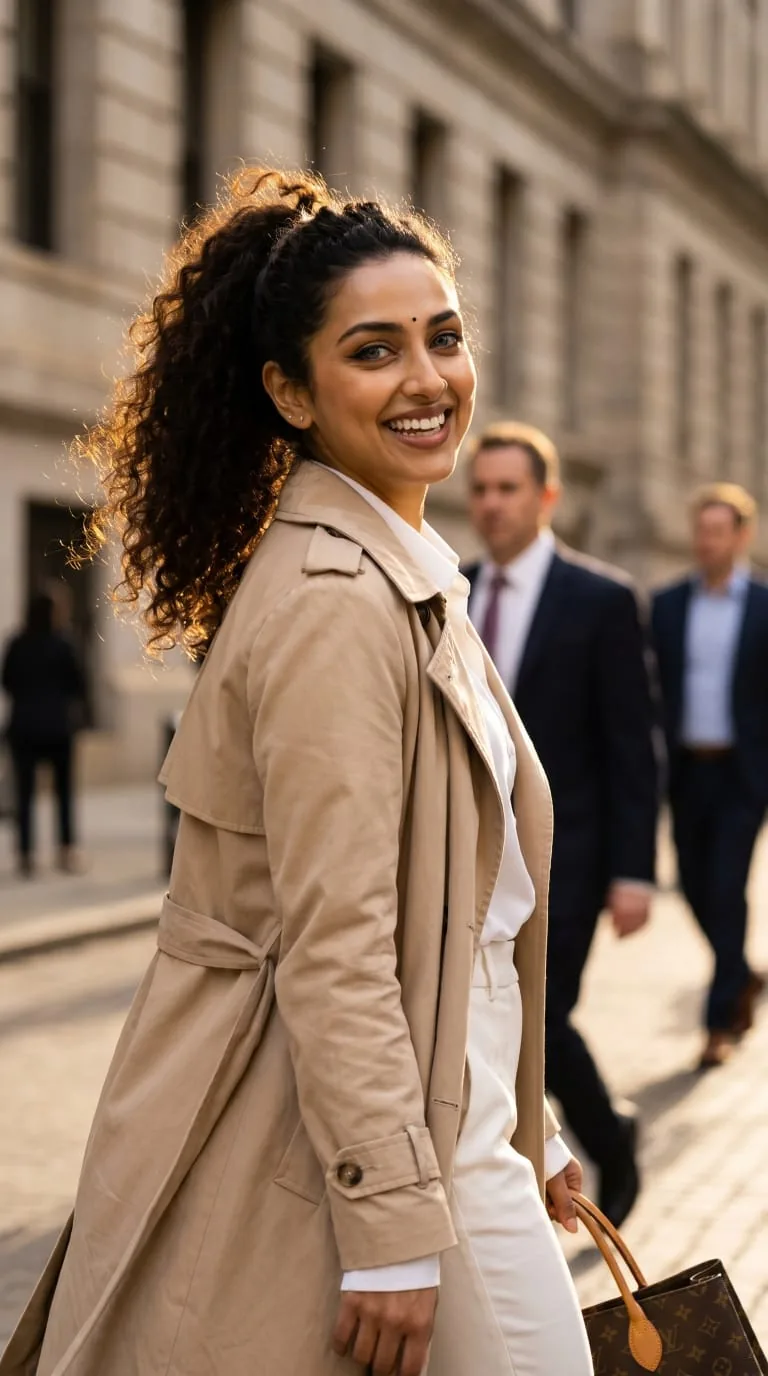 Arshi in a beige trench coat on a city street