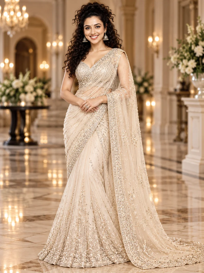 Arshi in an embroidered ivory ensemble in a palace setting