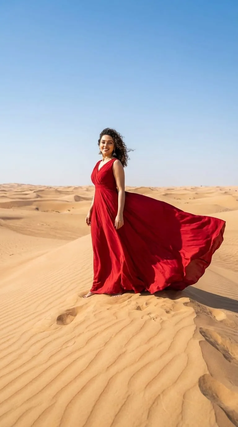 Arshi in a flowing crimson gown against open desert dunes