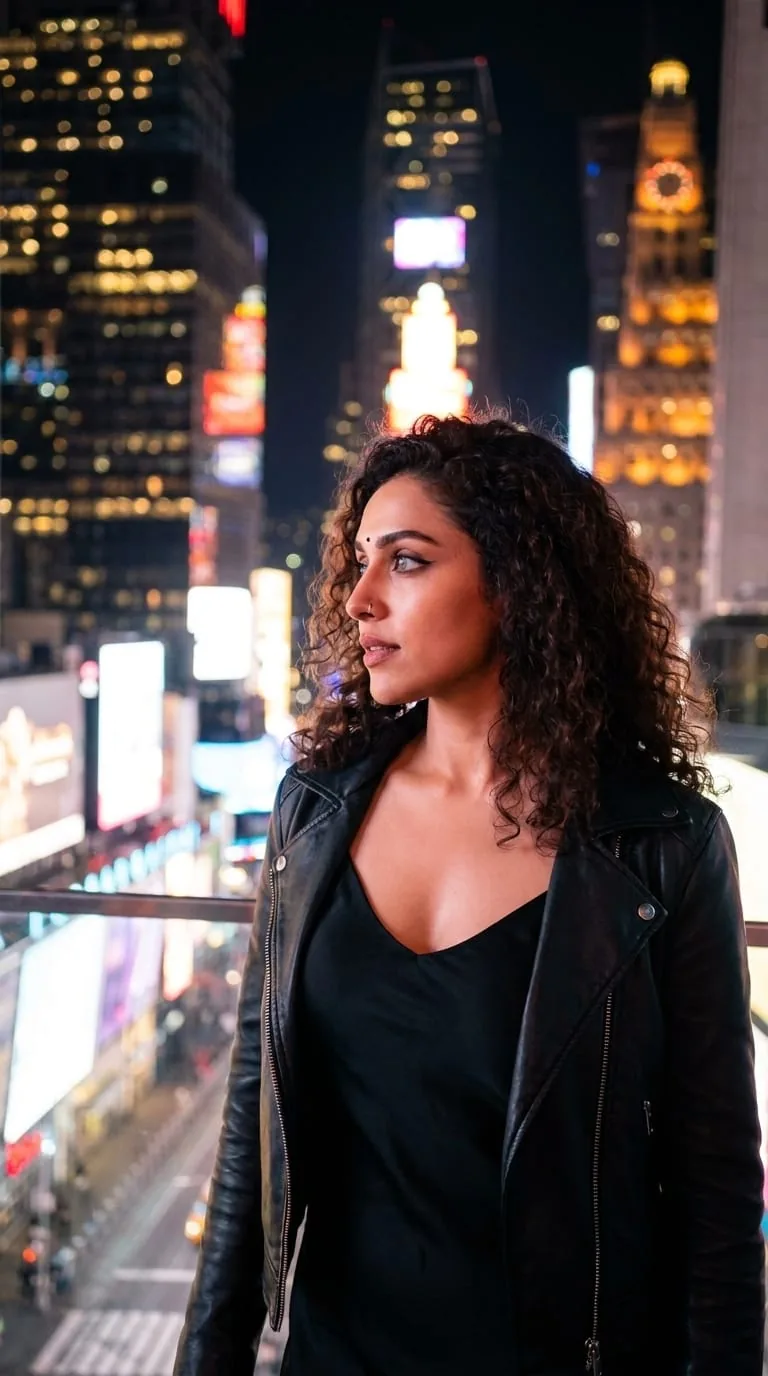 Arshi in a leather jacket in a neon-lit city at night
