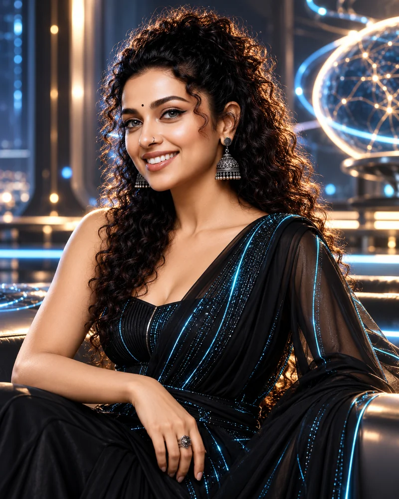 Arshi seated in a futuristic black and cyan illuminated sari